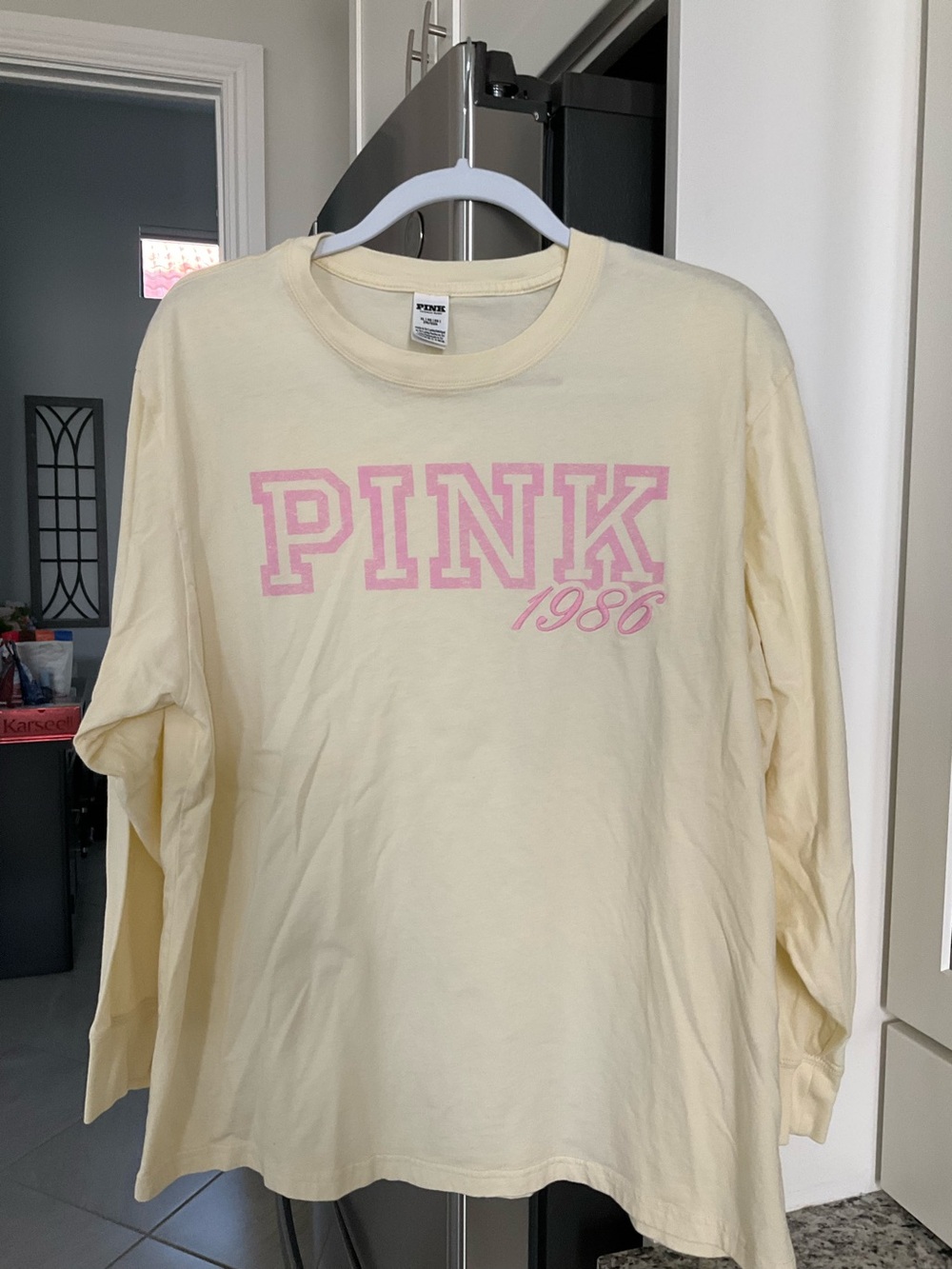 PINK Victoria's Secret 1986 Long-Sleeve Tee - light yellow with Pink Logo